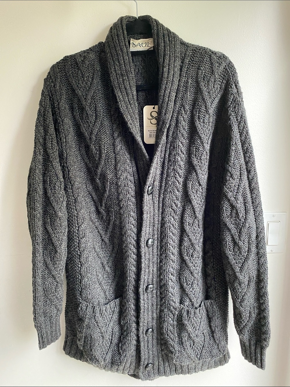 New SAOL Ireland Men’s Aran Cable Shawl Collar Cardigan Sweater Merino Wool XXL
